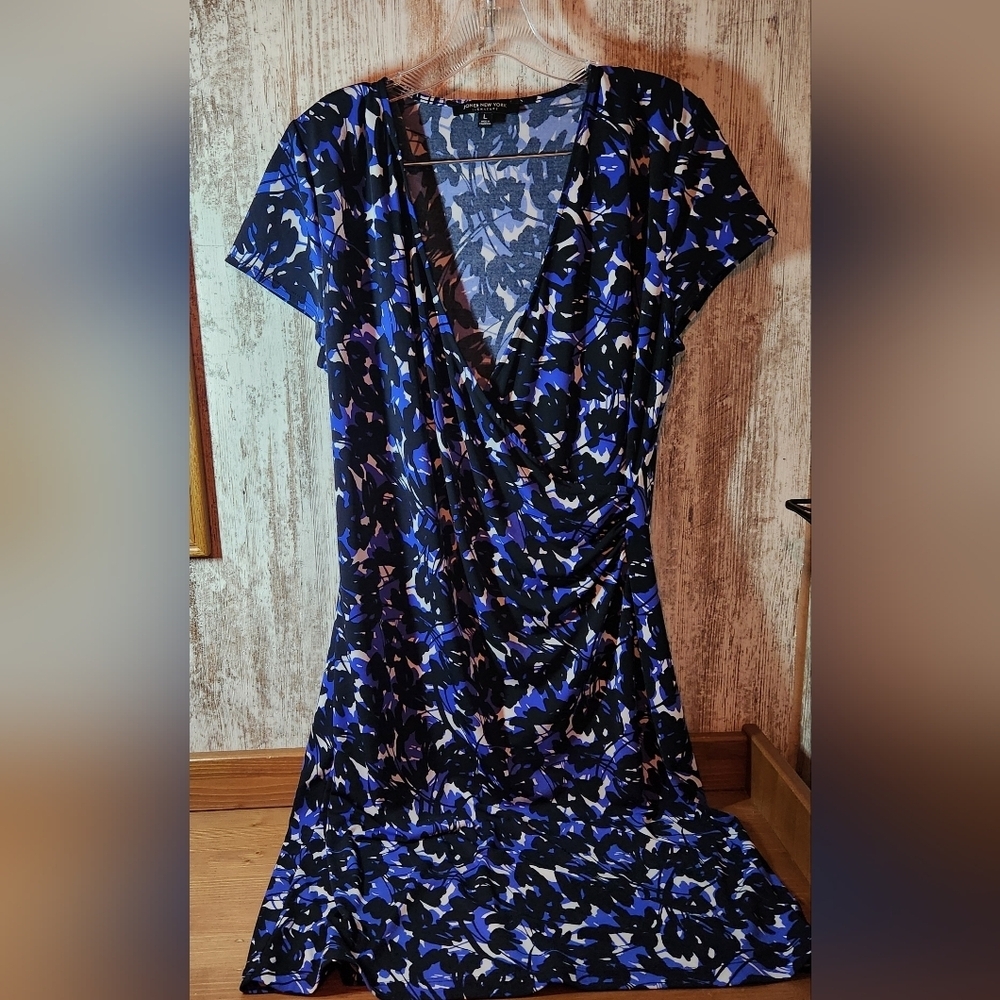 Jones New York Black and Blue Patterned Midi Dress